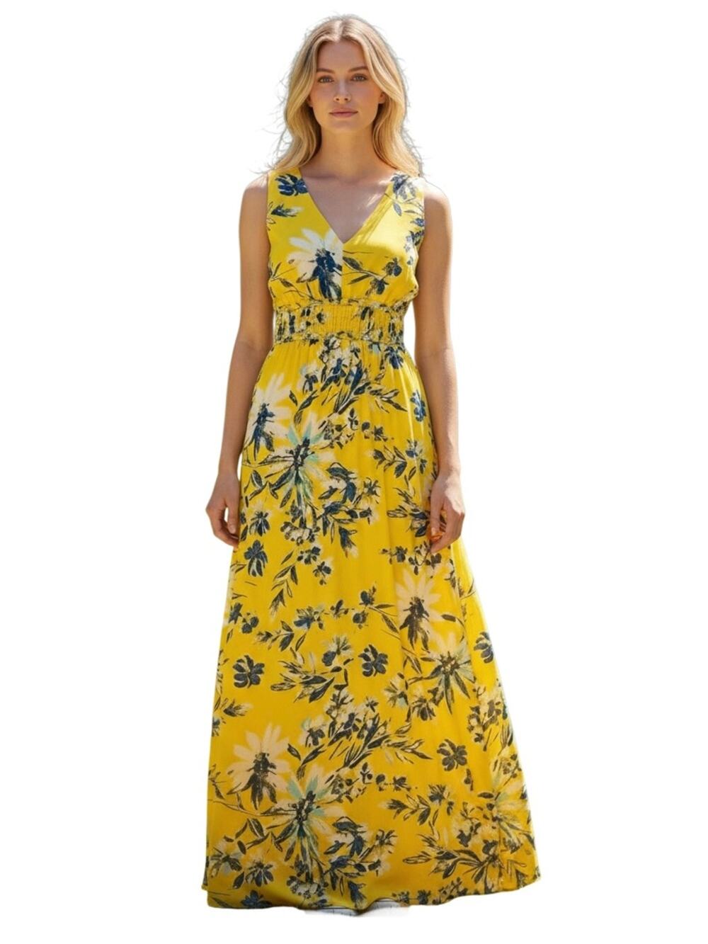 Japna Maxi Dress Size S Sunshine Yellow Navy Floral Smocked Back Summer Boho